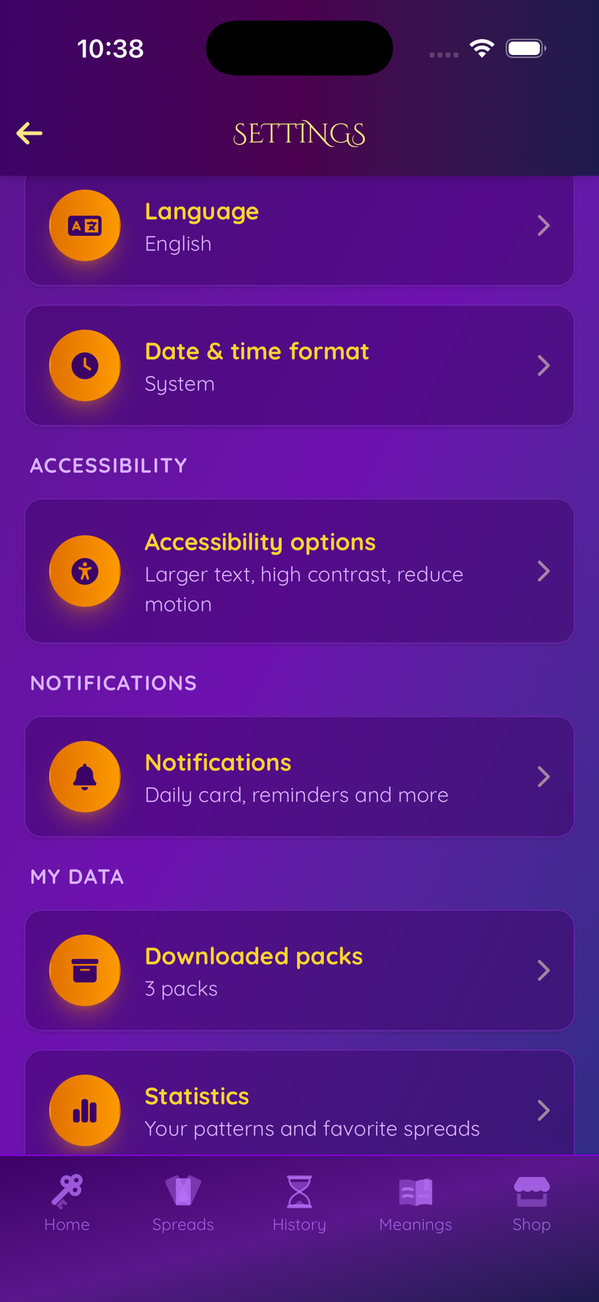 Screenshot of the Accessibility section in the Divinare app