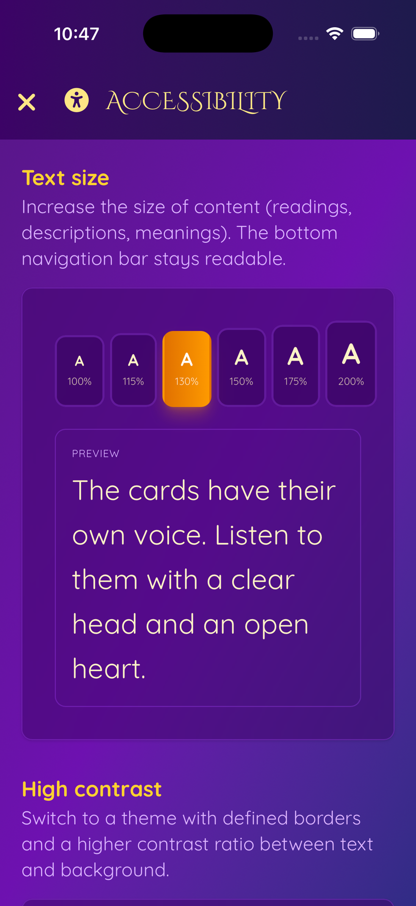 Text size selector in the Divinare app