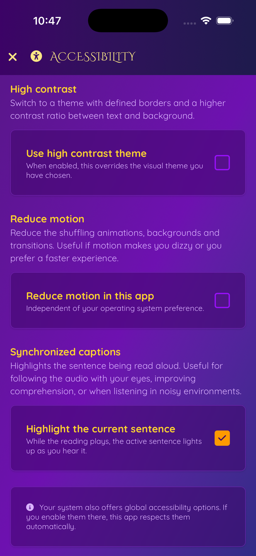 Toggles for high contrast, reduce motion and captions